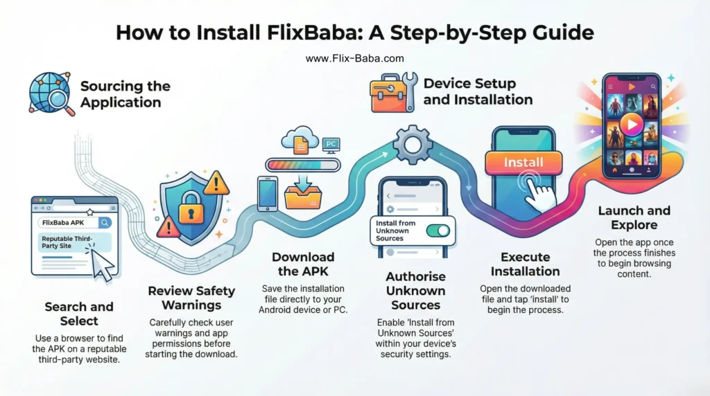 the images explains the steps for downloading and Installing Flixbaba